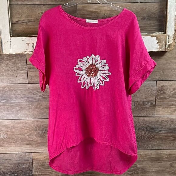 MADE IN ITALY Women’s Linen Sequined Flower Blouse Short Sleeve Size L Floral - Picture 2 of 8
